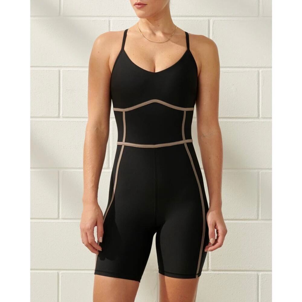 Abercrombie & Fitch YPB Sculptlux Active Romper Black/ Taupe Size Large